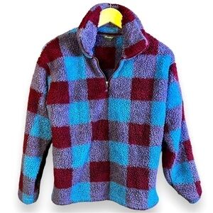 EDDIE Bauer Maroon and Blue Plaid 1/4 Zip Sherpa, Size Small
